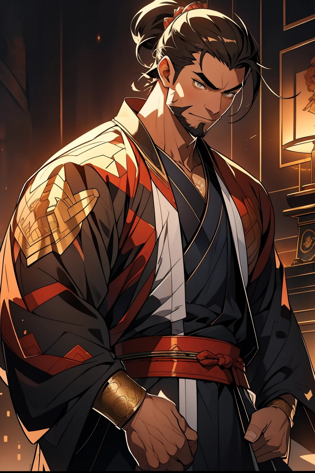 High-resolution, 4K, 8K masterpiece portrayal of a matured, muscular male swordsman adorned with the Hanafuda crane motif. With a defined, designed beard and a thick, bushy eyebrow, he exhibits a strong, masculine presence. His stubble accentuates his chiseled jawline, and his garb is open, revealing hyper-detailed pecs that glisten under the perfect lighting. His clothes, though tattered from usage, showcase intricate embroidery patterns that mimic the Hanafuda crane design. His thick eyebrows furrow slightly as he concentrates, his eyes ultra-detailed and intense,