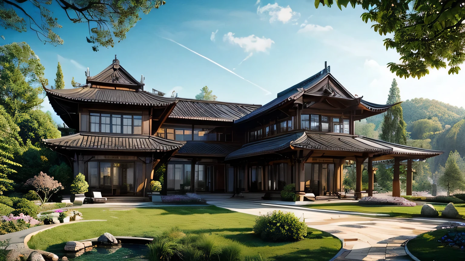Beautiful nature, majestic buildings, serene landscape, lush greenery, elegant architecture, harmonious blend, tranquil environment, scenic beauty, picturesque views, natural harmony, artistic structures, peaceful coexistence