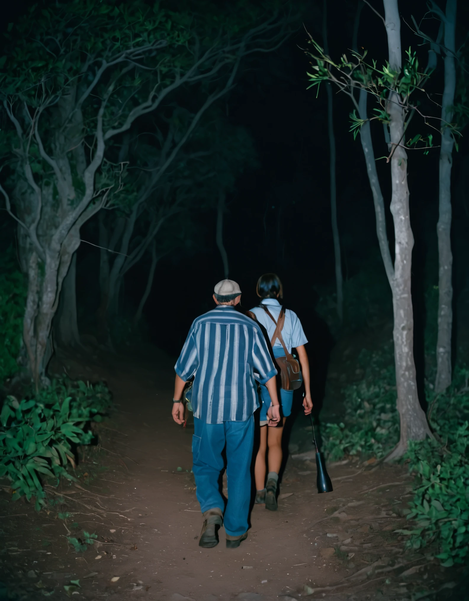 35mm, Fuji Superia 1600, ISO-800, f/5.6, low-exposure photograph, eerie atmosphere, night time. The image features a view from behind tree branches, looking at a middle-aged man wearing old explorer clothes walking alongside a -yeld gi wearing jeans shorts, a shirt, and camping boots, on a forest path through the ruins of an ancient city. The man is carrying a torch to light the path.