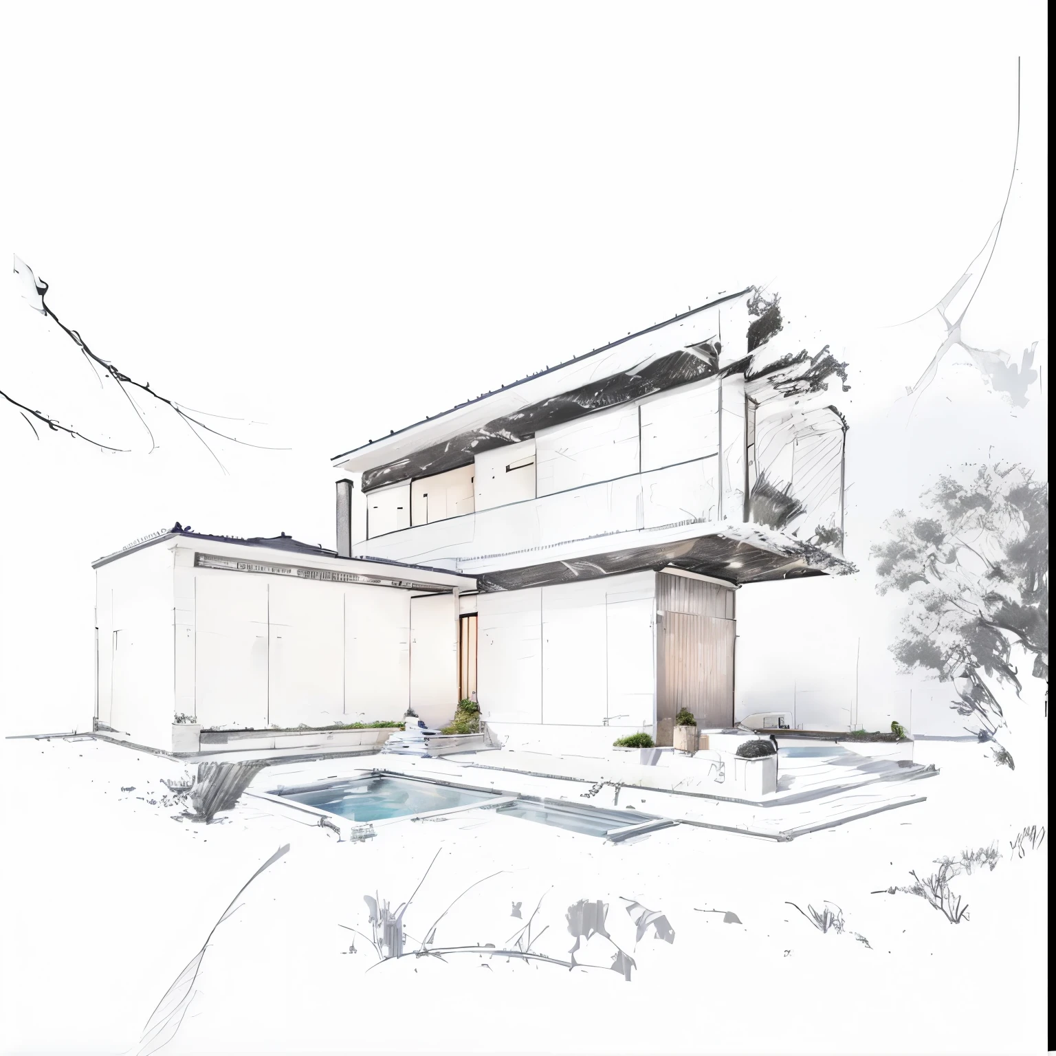 a drawing of a house with a pool in the middle of it, architectural sketch, concept house, sketch, architectural concepts, architectural concept, sketch - up, architecture concept, concept drawing, sketch-like, sketch illustration, sketchy, a sketch, high quality of sketching, architecture drawing, high quality sketch, conceptual rendering, line sketch, sketch black and white colors