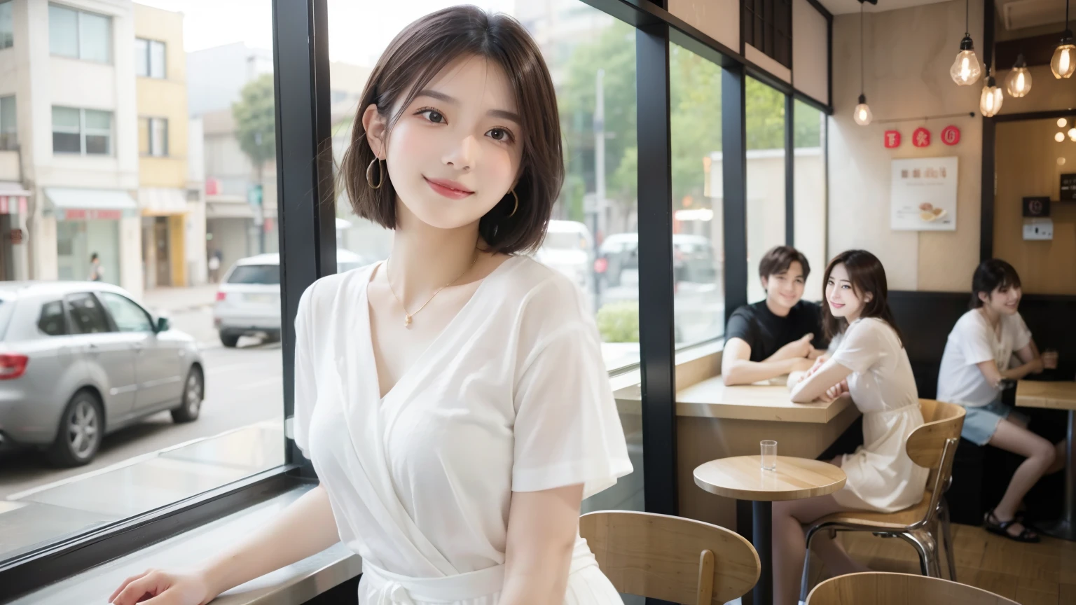 super high quality, Short Hair, Slender, Gravure photoshoot, The staff is working at the counter in the back., (8k、RAW Photos、highest quality、masterpiece:1.2), Japanese Idol, Shaggy, Stylish café, The cafe is crowded with people enjoying themselves., (Realistic、Photorealistic:1.37), Mesh Hair, Urban Cafe, Golden Ratio, Raw photo, Cute face , Light Brown Hair, Earrings, Small breasts, Bright cafe interior, Beauty salon model, Spring Clothes, necklace, Spoiled, Cafe Terrace, Open Cafe, Smile, Hair blowing in the wind, Neat clothes, T-Shirts, 18-year-old, younger sister,