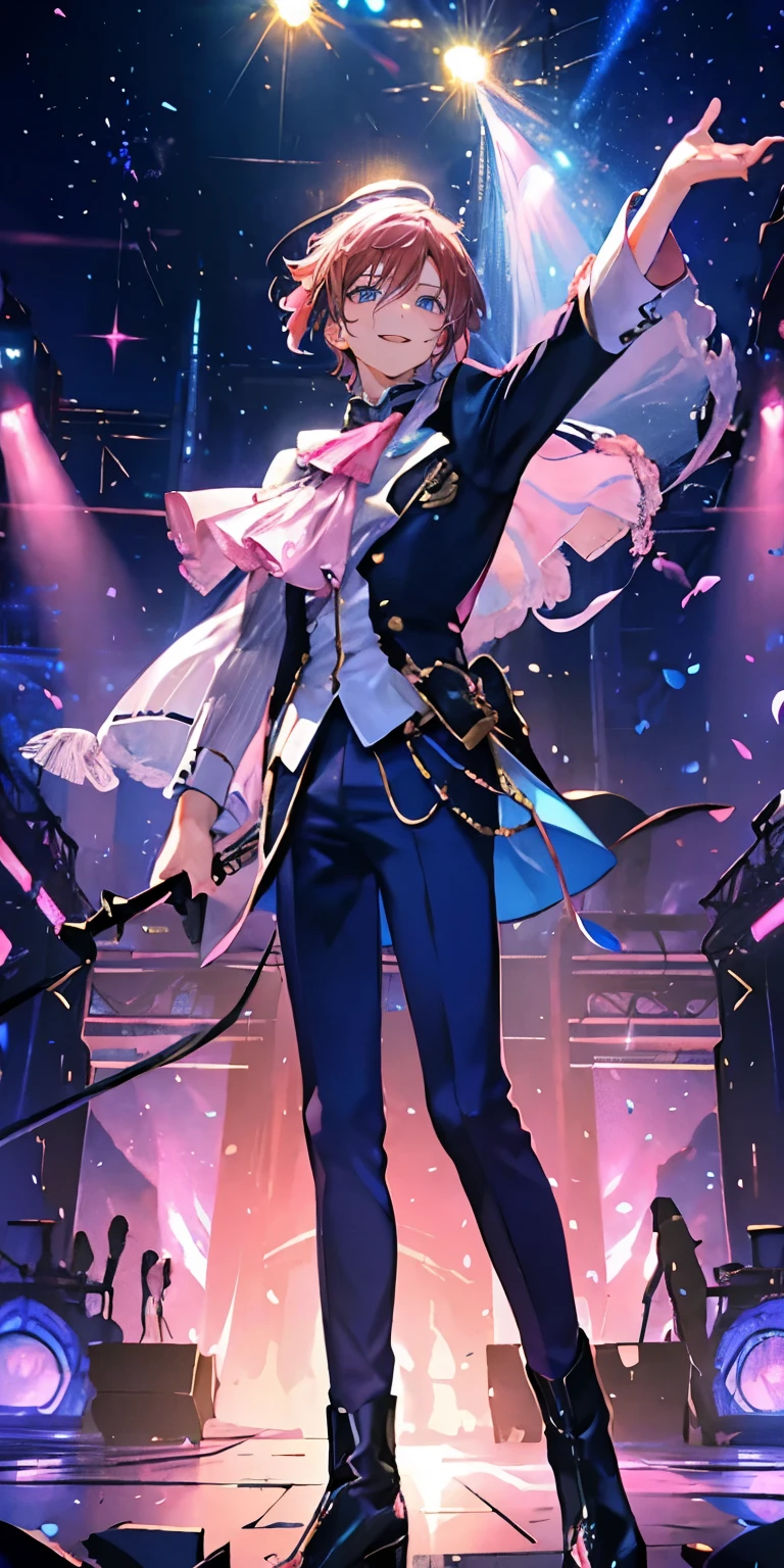 (Mastepiece), (Best Quality), Very detailed, ((1 boy)), Perfect Face, Beautiful Face, Very detailedな顔,((Pink Hair_short hair_Blue Eyes:1.3)),Male solo idol、Gorgeous idol costumes、Costumes with lots of frills、Cape、boots、(pants:1.2)、(Hold the microphone)、stage、Concert Dome、Lots of confetti、(smile:1.4)、(Open your mouth wide)、sing、dance、Wink、Laser light、Spotlight