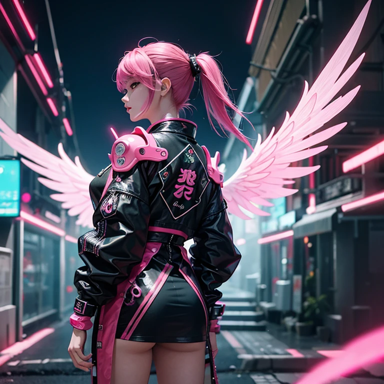 A gorgeous cyber punk female angel, looking at her back, pink wings, cyber punk style, colourful, 4k, stable diffusion, inspired by Chen Yifei, inspired by Kanō Hōgai, very beautiful cyberpunk samurai, japanese inspired poster, inspired by Zhang Wo, inspired by Wu Hong, inspired by Wu Bin, inspired by Wu Li, female samurai, inspired by Miao Fu, inspired by Du Qiong