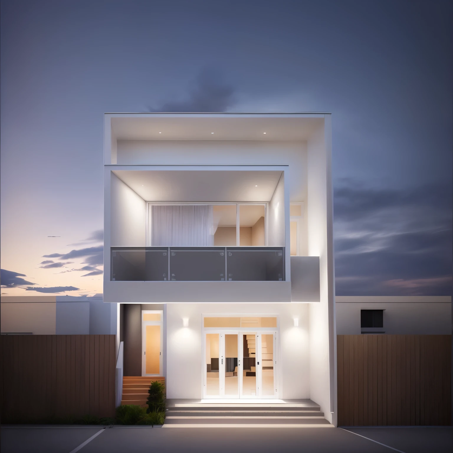 a rendering of a two story house with a balcony and a balcony, front elevation view, contemporary house, frontview, front perspective, overall architectural design, concept house, elevation view, front-view, all white render, front view dramatic, exterior design, architectural concept, detailed rendering, front view, in style of simplified realism, inter dimensional villa, neotraditional modern
