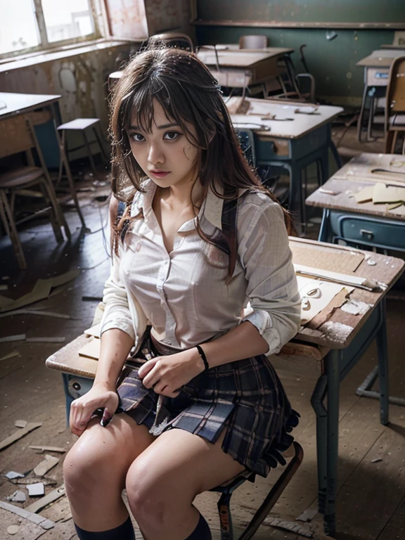 (SONY_a1.SEL50F12GM.Shooting in combination with), (1girl in), Solo, Amazing face and eyes, Serious face, (School uniform, Pleated skirt,:1.3), (Best Quality:1.4), extremely detailed CG unified 8k wallpaper, Highly detailed, High-definition raw color photos, professional photograpy, Realistic portrait, (Closed, Abandoned classrooms, Broken desk, Broken chair:1.5), (Dark classroom:1.3), A scene from a horror movie,Blushing、Soaking wet、See-through clothes