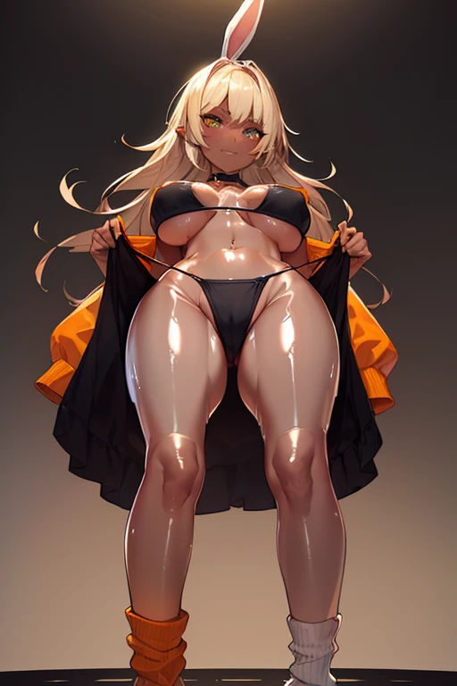 Shot from below、Standing with your legs apart、Standing with feet shoulder-width apart、Cute girl、highest quality、Ultra - High resolution、High resolution、Highly detailed CG、8k unit wallpaper、18-year-old、Careful and gentle eyes,Delicate and beautiful smile、Platinum Blonde Hair、Asymmetrical Hair、((( Dark Skin:1.5)))、(Shiny body,:1.5)、rabbit ears、(((loose socks、big breasts))) 、(Orange motocross jacket with green details, Biker clothes. Detailed design、Skin-colored bikini)Double Peace 、2.5D、My girlfriend、Grab the bikini strings、Tight bikini、Open your feet wide