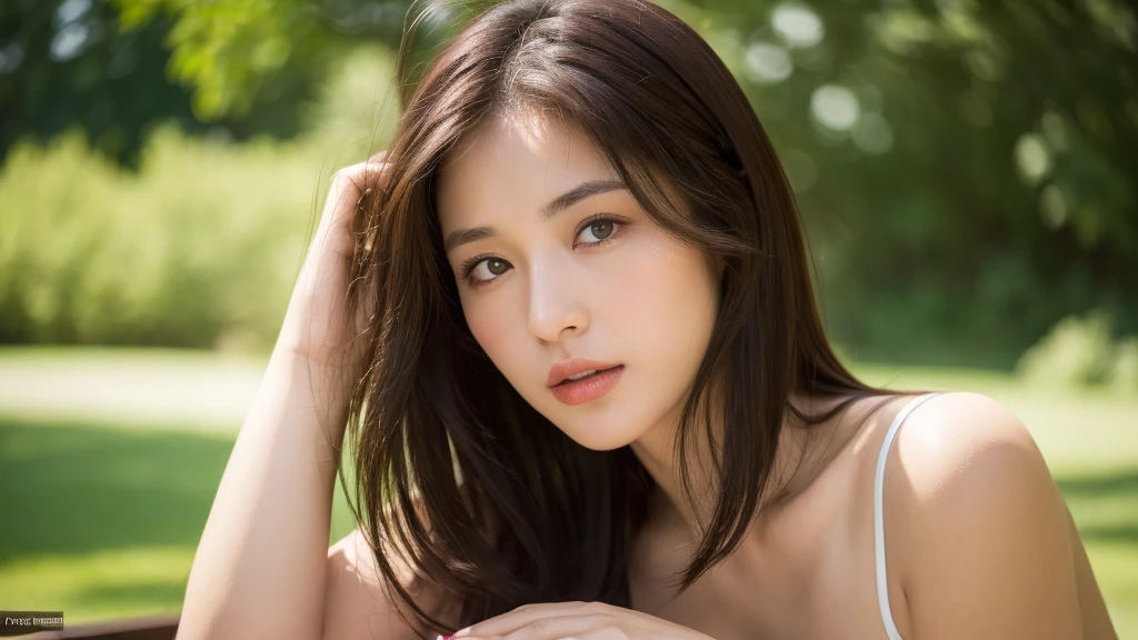((Top quality、8k、masterpiece:1.3))、sharp focus:1.2、Perfect body beauty:1.4、((Dark brown hair、Large Breasts:1.2))、(Natural soft lighting、A park:1.1)、Highly detailed face and skin texture、Delicate eyes、Double eyelids、whole body、Focus chest(((dynamic poses)))