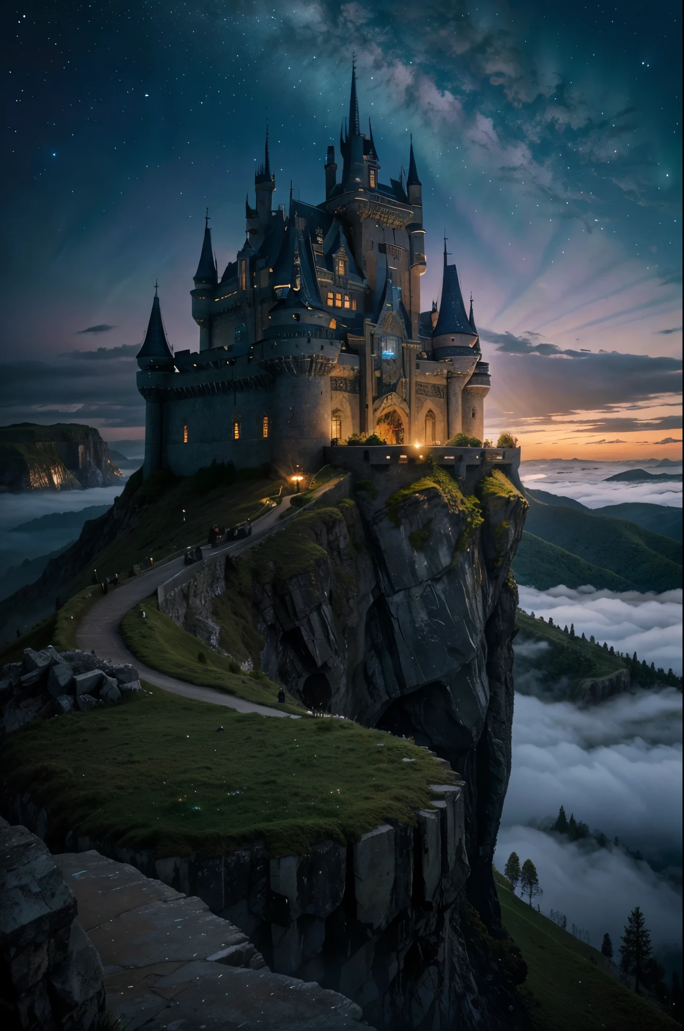 Fantasy Castle on a Cliff": A grand, fairy-tale castle perched on a cliff, surrounded by a mystical fog, with dragons flying in the background and a magical sky filled with stars and auroras.