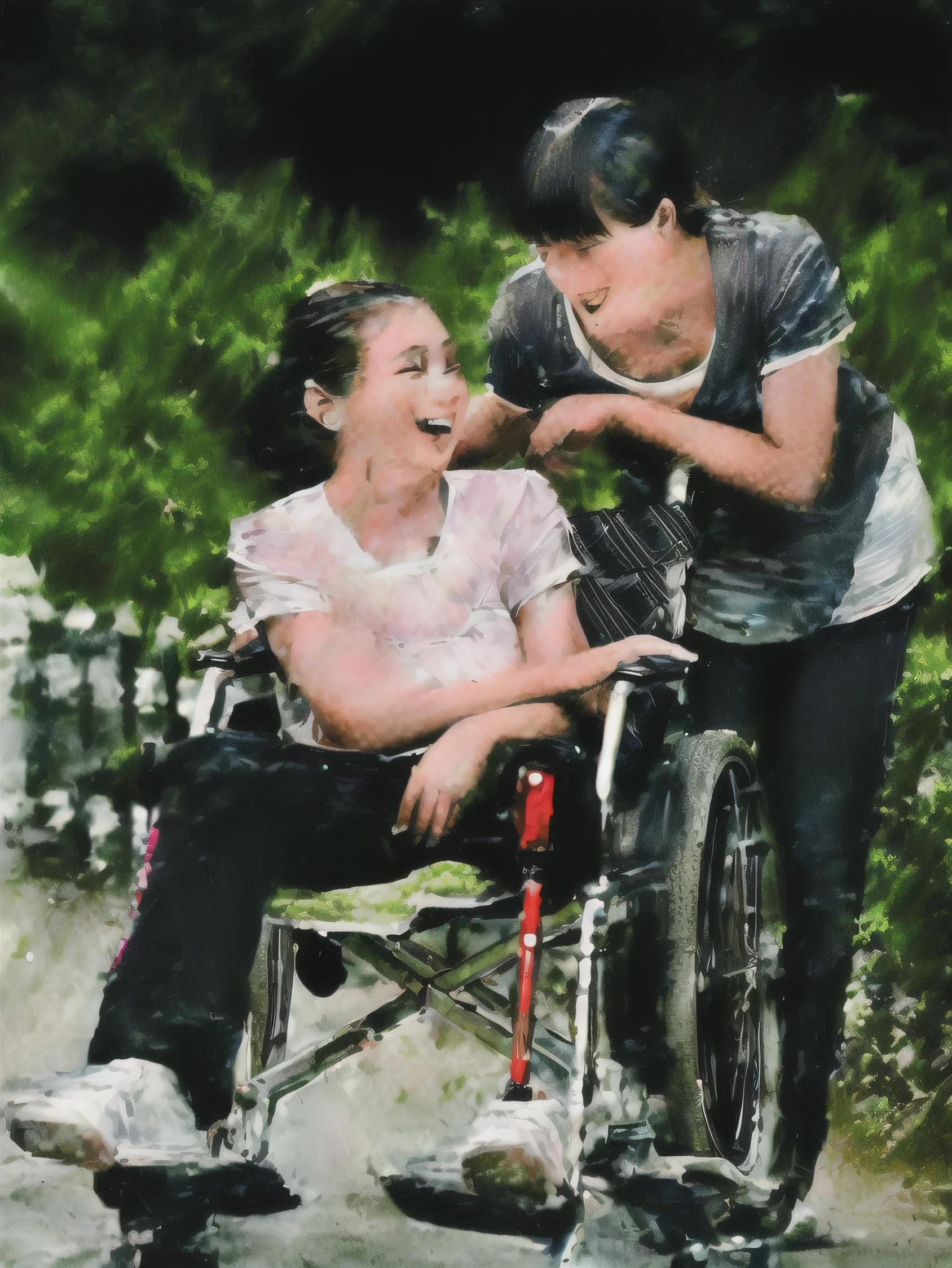 there is a woman pushing a girl in a wheelchair down the street, Heartwarming, sitting in a wheelchair, Incredibly beautiful, having fun, By Wen Boren, Have a great time, feng zhu |, , wheelchair, special, comfortable, Still images of happiness, stunning quality, Hot ,, aldult, Extraordinary, Stunning visuals, girl, The eyes are open