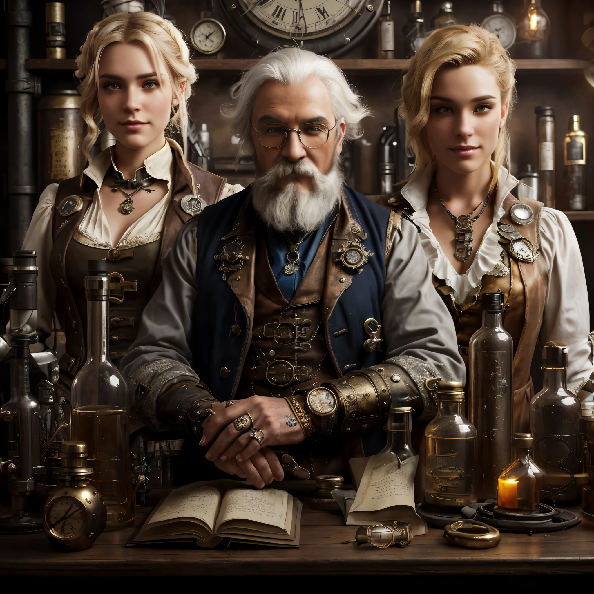 there are three people standing in front of a table with bottles, in a steampunk laboratory, fantasy alchemist laboratory, key art, 3d rendered steampunk, 3d render senior artist, steampunk male portrait, steampunk fantasy style, steampunk digital art, by Galen Dara, victorian alchemists, he is in a alchemist lab, digital steampunk art, character photography, steampunk imagery themed