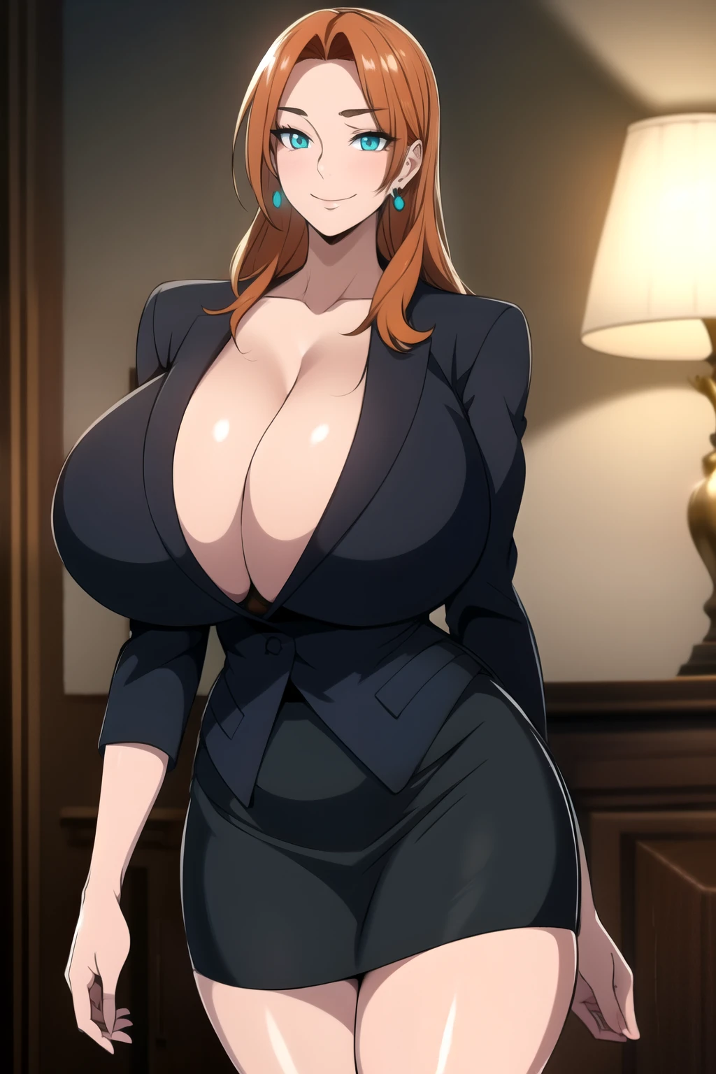 masterpiece, best quality, absurdres, 8k, perfect shadows,perfect lighting,hdr, ambient lighting, cowboy shot,shiny skin,skindentation, beautiful body, NamiFinal, orange hair, long hair, turquoise eyes, ((black skirt suit:1.1), pencil skirt, miniskirt,curvy, thighs, higheels, shiny clothes, skin tight, ), jewelry earrings,tight fit, complex detailed background, inside, luxury palace) (gigantic breasts,ss body, thin waist,very slim waist)extremely detailed face,detailed eye makeup, detail face, nice detailed eyes,nice hands, perfect hands (realistic pupils,realistic iris:1) heavy eye makeup,glowing eyes, Bright eyes,standing,standing at attention,(seductivel smile), gigantic breasts, curvy