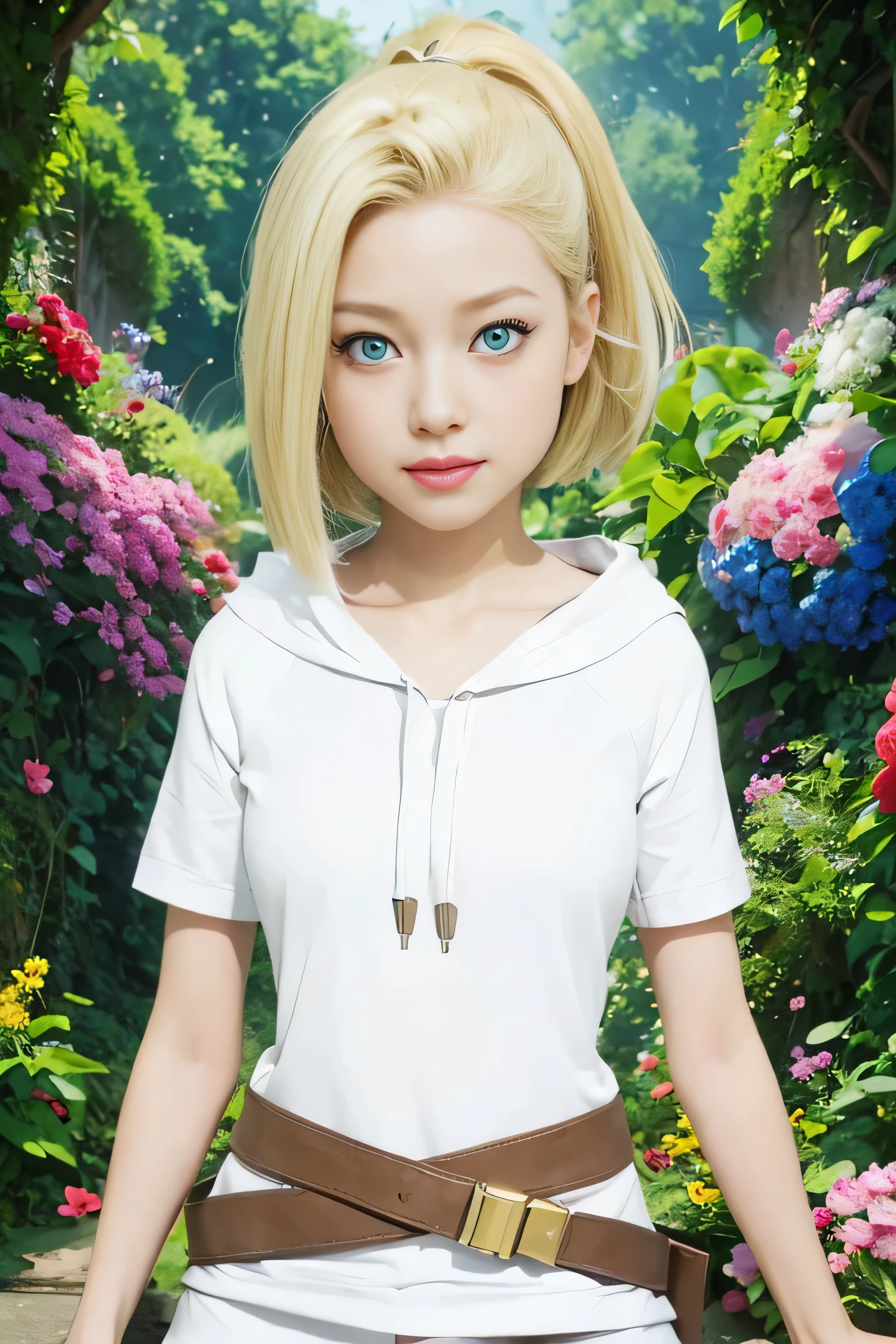 masterpiece, best quality, (realistic,photo-realistic:1.4), (RAW photo:1.2), extremely detailed CG unity 8k wallpaper, delicate and beautiful, amazing,finely detail, official art, absurdres, incredibly absurdres, huge filesize, ultra-detailed,extremely detailed eyes and face,light on face,yamanaka ino,(little smile),(blonde hair:1.4),(short hair:1.4),ponytails,(wearing hoodie :1.5),brown belt,blue eyes