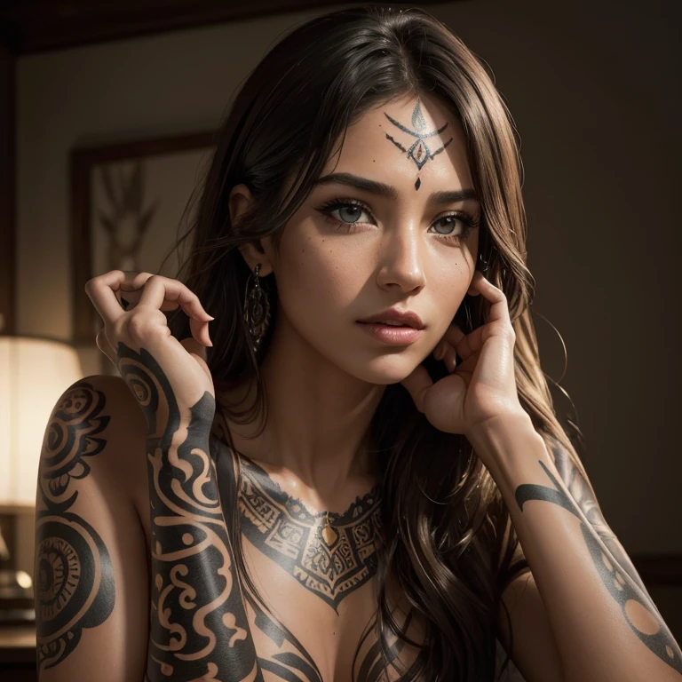 (((medium full shot))), (Masterpiece, photorealistic, photorealism, best quality, ultra-detailed:1.3), (nice hands, perfect hands), official art, cinematic light, (1girl:1.3), adult, a stunning woman adorned in tribal warpaint and tattoos, with intricate details, photorealistic elements, and a touch of sensuality. The piece includes detailed eyes, vibrant colors, magic symbols, and a provocative pose, alluding to themes of nature, conspiracy,
