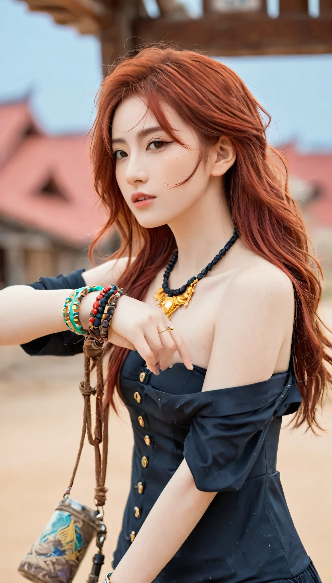 Mud building (Genshin Impact), Behind is the sea, 1 Girl, Background blur, Shut up, bare arm, Accessories, Bare Sleeves, Bare shoulders, Red hair, bracelet, necklace, Cowboy shooting, sideways
