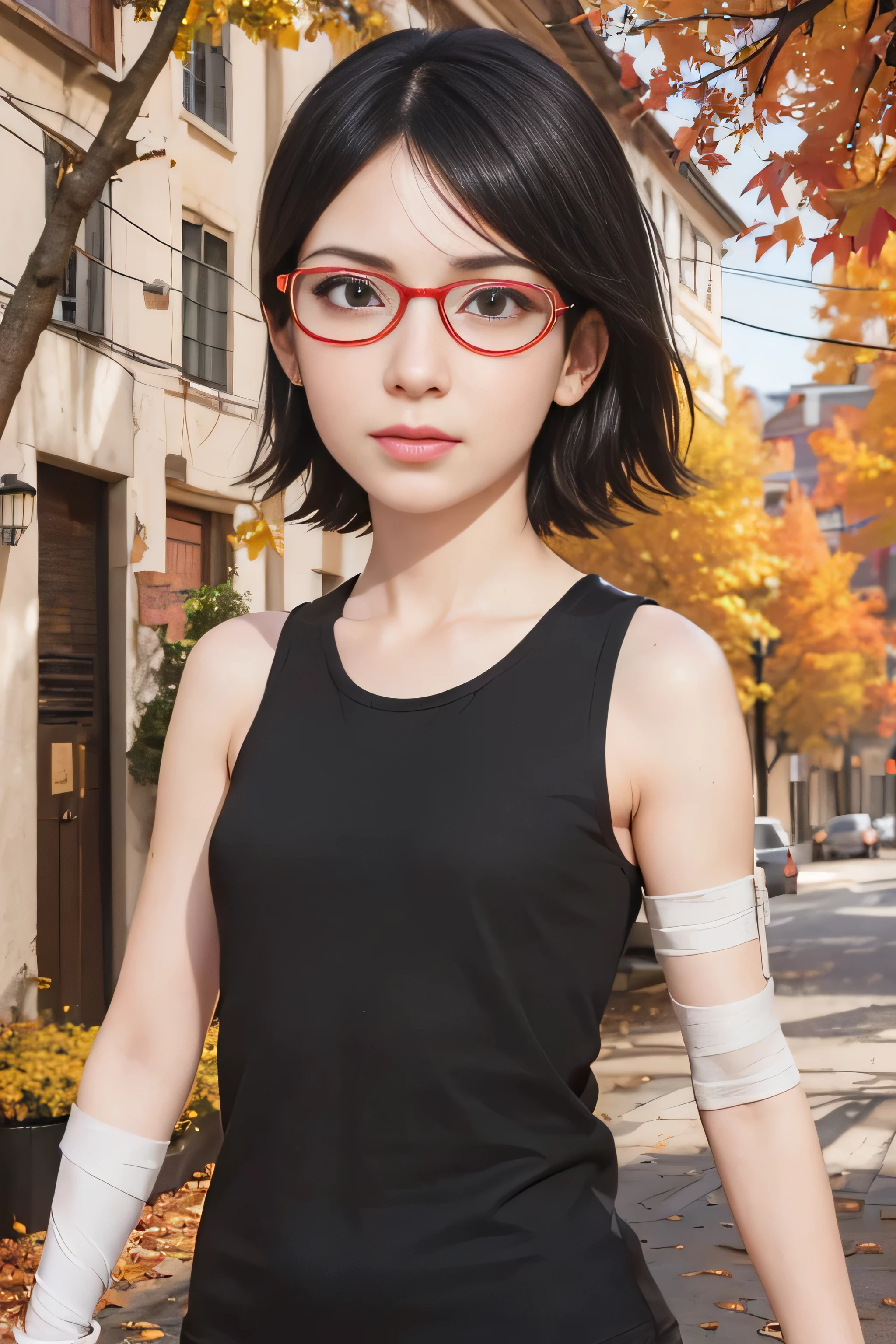 masterpiece, best quality, (realistic,photo-realistic:1.4), (RAW photo:1.2), extremely detailed CG unity 8k wallpaper, delicate and beautiful, amazing,finely detail, official art, absurdres, incredibly absurdres, huge filesize, ultra-detailed,extremely detailed eyes and face,light on face,sarada uchiha,(little smile),(black hair:1.4),(short hair:1.4),(wearing black tanktop:1.5),(wearing red framed glasses:1.5),autumn backgrounds,(bandaged arms:1.4)