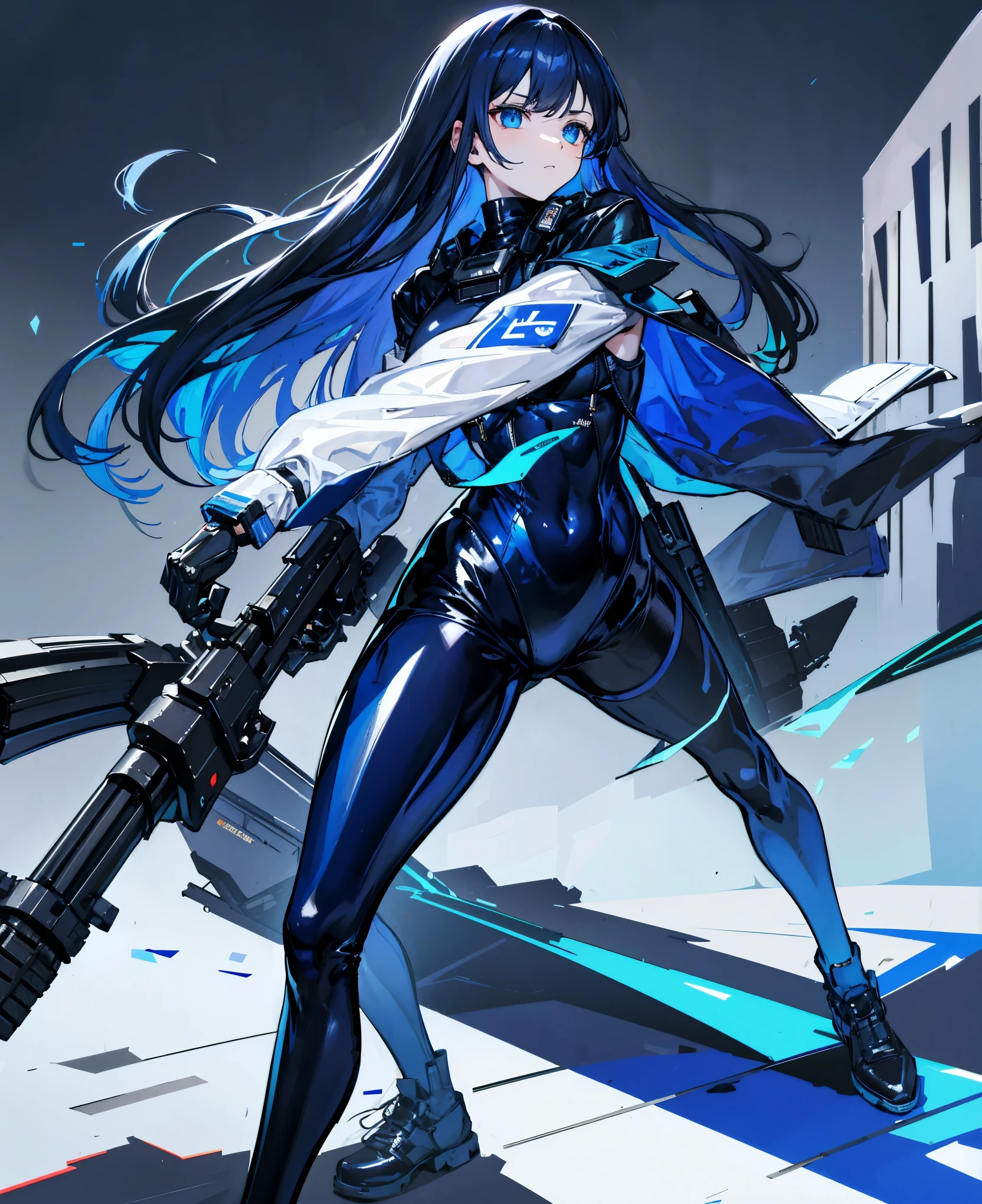 There is no background,girl,Carry a firearm,Patent leather tight suit,Use of firearms,Navy blue long hair,attention arousal,Blue colored eyes,No gradients