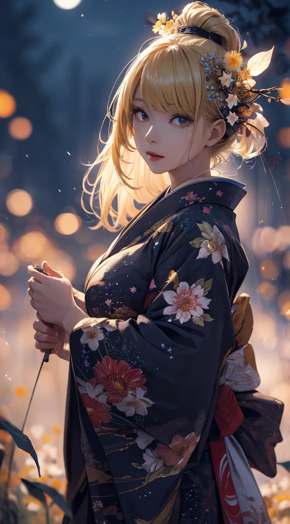 masterpiece, high quality, 4K, Beautiful design, silhouette,blonde, 非常に詳細な夜のStarry Sky,Flower Field, wonderful, Finer details, Very knowledgeable woman, Highly detailed solo, 1 female,Beautiful Eyes,tears,I like rumors,Big Breasts,red kimono,Night view,Starry Sky,full moon,