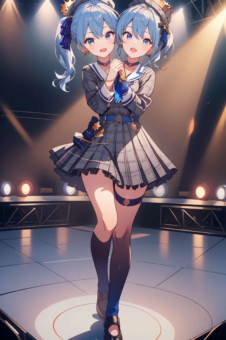 (masterpiece, best quality), best resolution, 16k, (2heads:1.5), full-body, 1girl, solo, HoshimachiSuisei, side ponytail, blue hair ribbon, SuiseiBase, plaid beret, crown, blue star choker, star earrings, blue ascot, plaid jacket, plaid skirt, layered skirt, partially fingerless gloves, star bracelet, uneven legwear, thigh strap, (standing, stand straight), look at viewer, (own hands together, praying hands), ((cheek-to-cheek)), singing, open mouth, stable, concert stage, starfield, spotlight