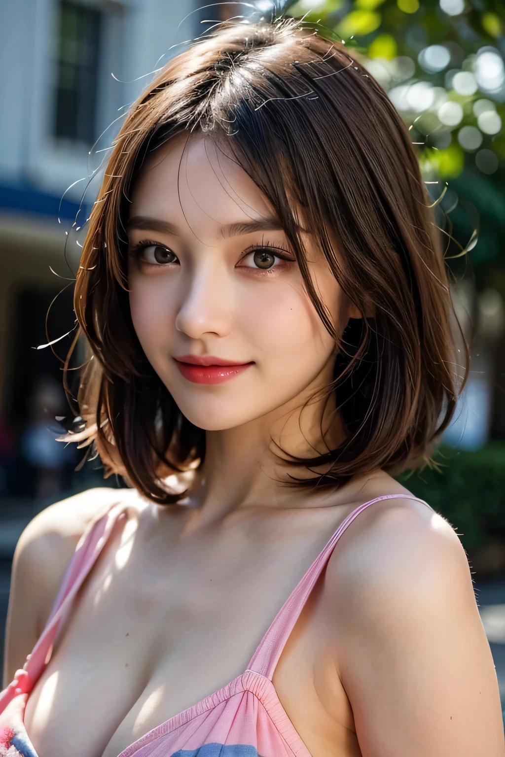 (8k, RAW Photos, highest quality, masterpiece, Realistic, Realistic), (1 female), (Ultimate beauty), Highly detailed face, (Perfect Teeth), Beautiful Eyes, double eyelid, eyelash, smile, Lip details, (Neat brunette bob), The light shines on your face, Big Breasts, ((Colorful mini dresses)), (front view), (background: none), Background blur