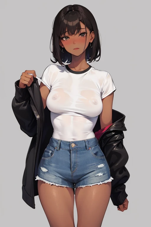 Woman, thick legs,thick upper body,small waist, beautifull face, a bit dark skin,no underwear,small shirt,thick thighs, nipples, blushed, no pants or shorts, wet shirt, white shirt,