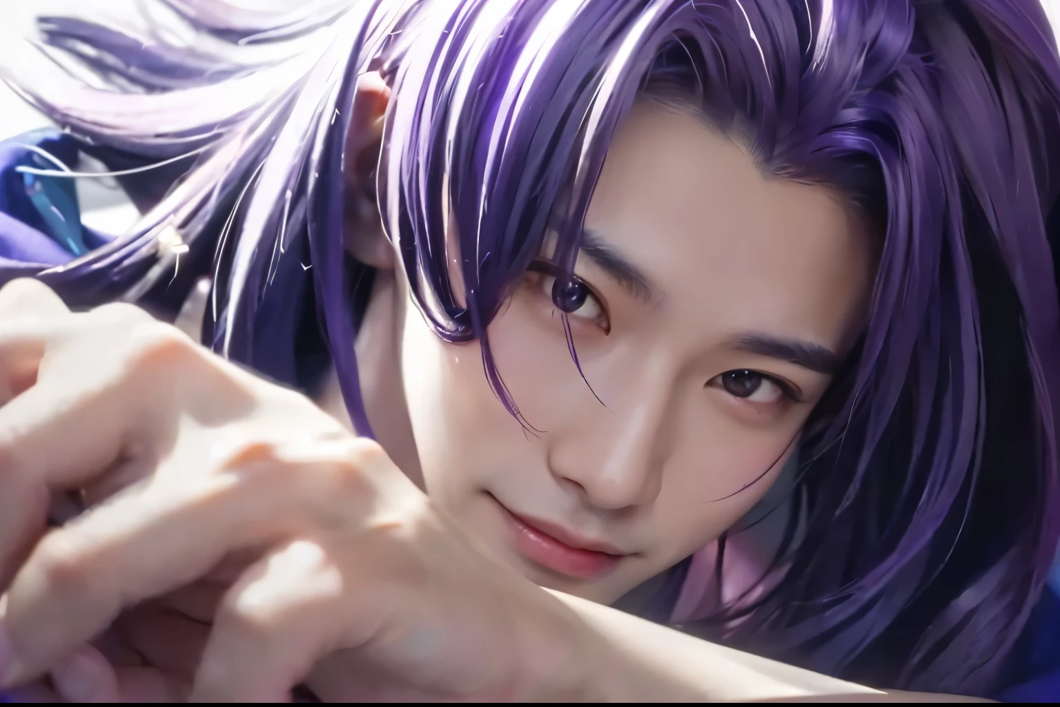 Asian man, long purple hair, musculine, defined jawline, sharp purple eyes, smile with teeth, blue robe