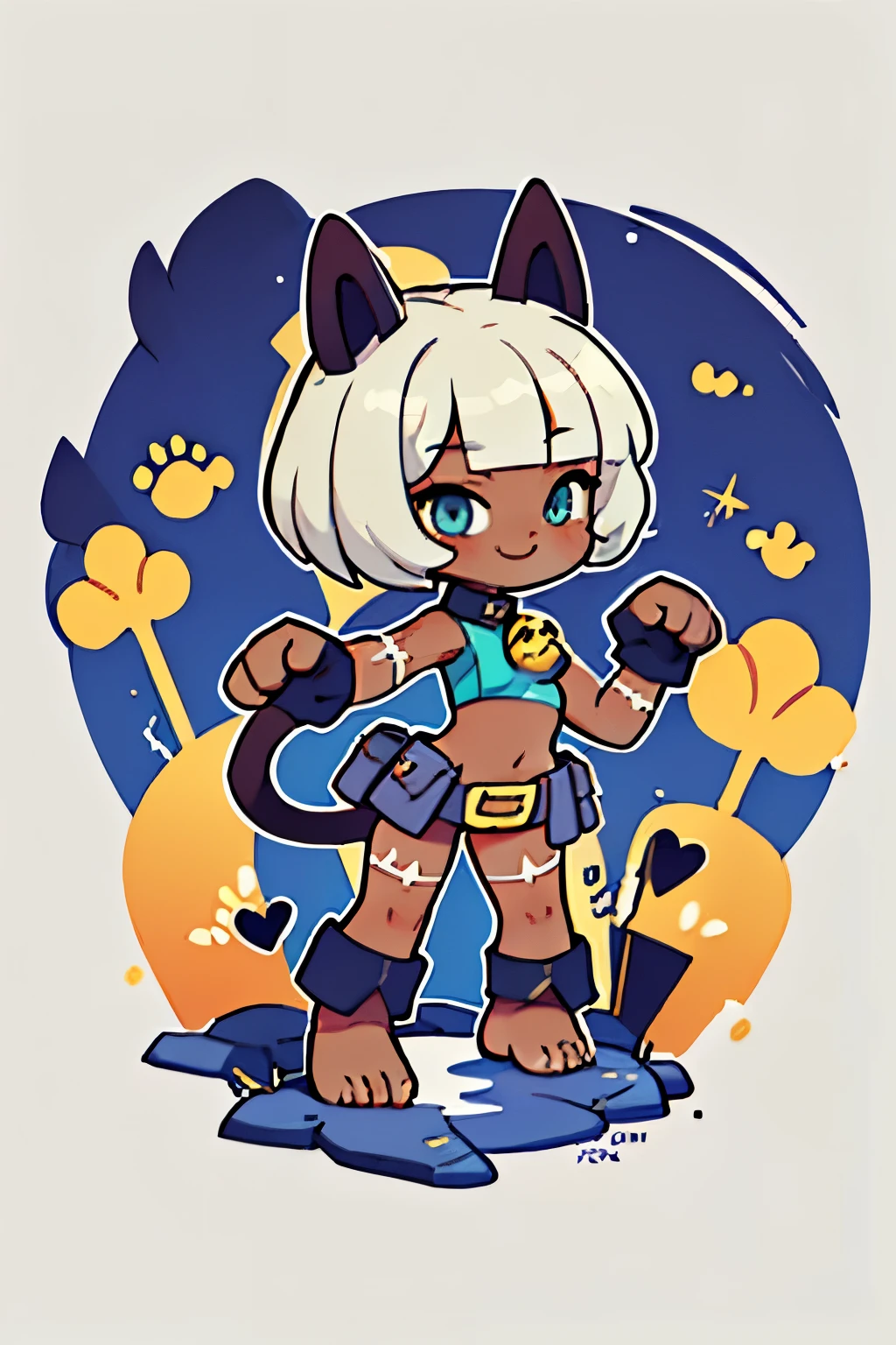 (masterpiece, best quality:1.2), solo, 1girl, sgmsfortune, dark skin, dark-skinned female, smile, looking at viewer, paw pose, bob cut, crop top, fingerless gloves, collar, bell, belt, pouch, cat tail