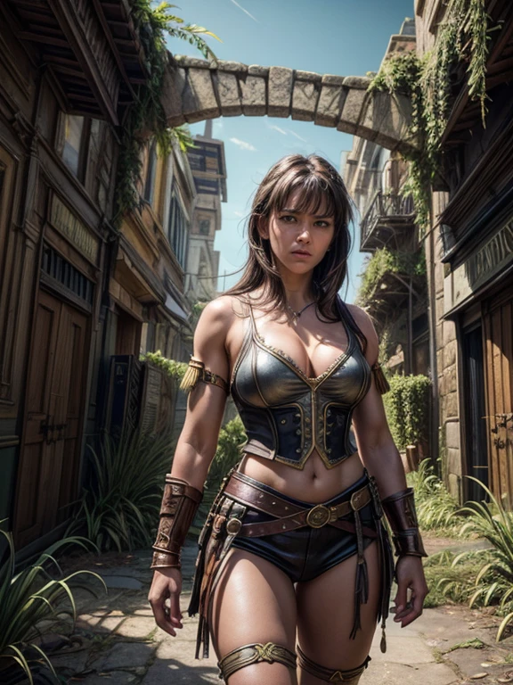a portrait picture of Xena the Amazon Warrior Stands, detailed face, perfect face, ornated warrior costume, at the Gate of an ancient and weathered Metropolis City with overgrown plants in the streets, Insanely detailed Scene, realistic, masterpiece Don Lawrence Style, ultra sharp and focus, ultra high resolution, 8k, hyoer maximalist Octane render