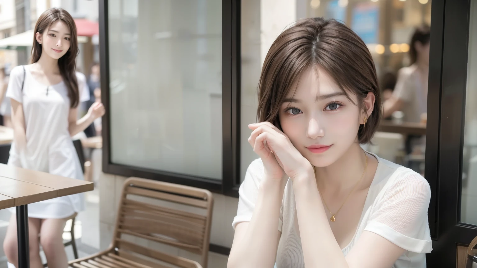 super high quality, Short Hair, Slender, Gravure photoshoot, The staff is working at the counter in the back., (8k、RAW Photos、highest quality、masterpiece:1.2), Japanese Idol, Shaggy, Stylish café, The cafe is crowded with people enjoying themselves., (Realistic、Photorealistic:1.37), Mesh Hair, Urban Cafe, Golden Ratio, Raw photo, Cute face , Light Brown Hair, Earrings, Small breasts, Bright cafe interior, Beauty salon model, Spring Clothes, necklace, Spoiled, Cafe Terrace, Open Cafe, Smile, Hair blowing in the wind, Neat clothes, T-Shirts, 18-year-old, younger sister, 
