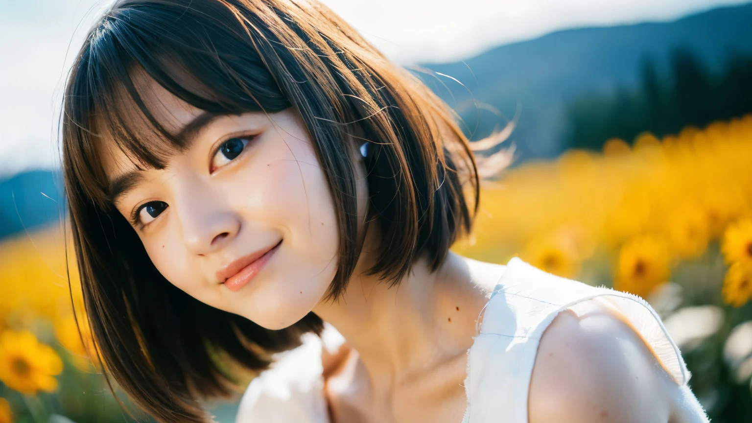 ((highest quality)), ((masterpiece)), (detailed), Perfect Face,young,Japanese,girl,23 years old,Blurred Background,,Brown hair color,Bob Hair,Loose curly hair,Half face,Location shooting,Shooting with depth,Shooting from an angle,Hair blowing in the wind,White clothes,White blouse,The neck is sticking out,Trendy Face,Spring background,Warm Light,Not wearing a scarf,A little smile,Well-groomed eyebrows,Missing the line of sight,Flower field background,blue sky,Looking down,Up to the upper body,