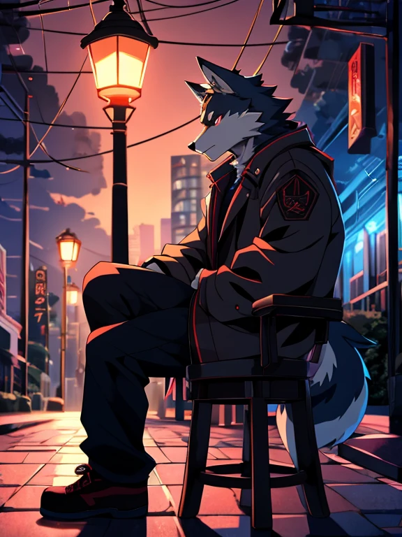 Anime style pictures,The werewolf sat in a chair,The background is the park,night,Next to the street lamp, Lofi art style, anime style 4 k, inspired by Liam Wong, anime style. 8k, 4k anime wallpaper, anime art wallpaper 8 k, Second Art, Two-dimensional art, Cool Anime 8K, By Yumi, Anime Art Wallpaper 4K, (Wolf Tail)