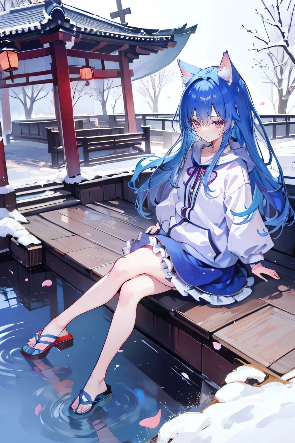 (masterpiece:1.2),Super detailed,lifelike,Expressive eyes,fair skin,perfect face shape,1 girl,
Japanese comics,Gorgeous blue hair,flowing blue hair,flowing clothes,Cat ears,Petals fall,beautiful lola,Baby Angel,
Cross your legs,Gentle and peaceful background,The pavilion is cool and comfortable,smile, wearing hoodie, background of tokyo,back views,snowing, winter.