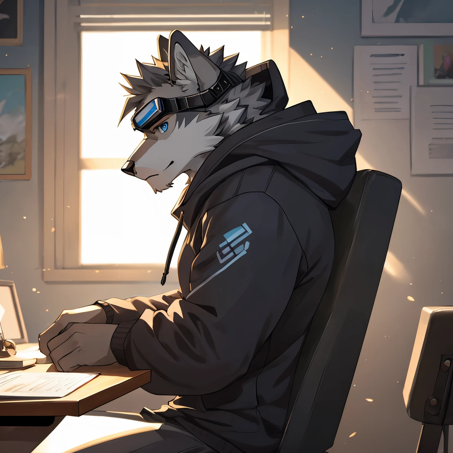 masterpiece, Solitary, Male gray wolf, blue eyes, gray medium hair, Muscular body, aldult, fiercely, Hoodies, Wear goggles, side view, Half Body, Draw on your desk, sit on the chair, room background.Sunlight,soft,Aesthetic