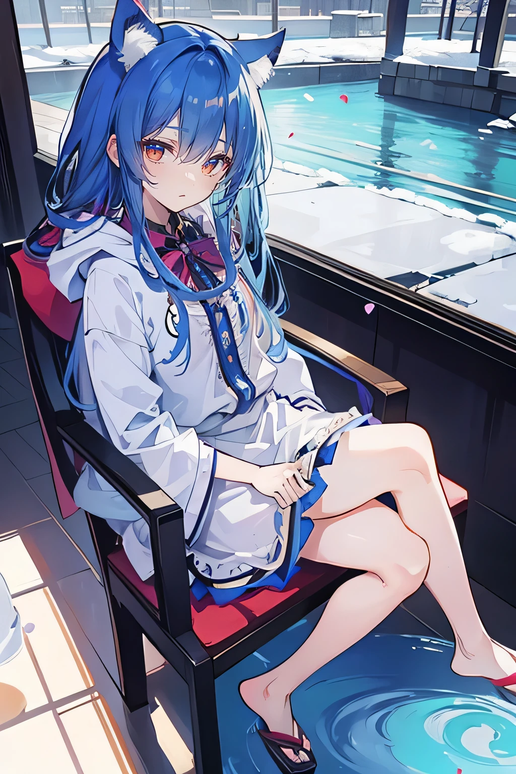 （masterpiece：1.2），Super detailed，lifelike，Expressive eyes，fair skin，perfect face shape，1 girl，
Japanese comics,Gorgeous blue hair,flowing blue hair,flowing clothes,Cat ears,Petals fall,beautiful lola,Baby Angel,
Cross your legs，Gentle and peaceful background，The pavilion is cool and comfortable,smile, wearing hoodie, background of tokyo,back views,snowing, winter.