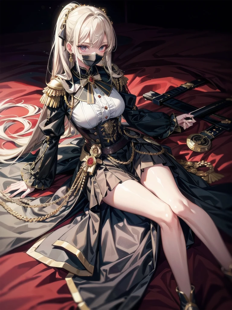 Military Dress, Lolita Dress, golden accessories, Grand Katana Sword, absurdres, RAW photo, extremely delicate and beautiful, masterpiece, Best Quality, ultra high resolution, 32k, hyperrealistic, ultra-detailed, detailed description, pale skin, 20 years old, tearful mole, earring, Colossal tits, short medium hair, wavy hair, full body shot,