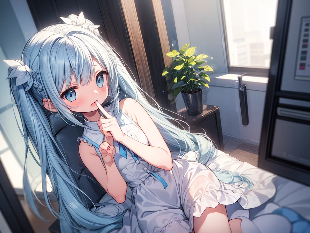 masterpiece, best quality, extremely detailed, (illustration, official art:1.1), 1 girl ,(((( light blue long hair)))), ,(((( light blue long hair)))),light blue hair, ,, long hair ((blush)) , cute face, big eyes, masterpiece, best quality,(((((a very delicate and beautiful girl))))),Amazing,beautiful detailed eyes,blunt bangs((((little delicate girl)))),tareme(true beautiful:1.2), sense of depth,dynamic angle,, anime girl with pigtails and a white shirt and tie, mouth hold, finger in own mouth, blurry foreground, blurry background, blurry, depth of field, photo background, motion blur, 1girl, blunt bangs, hair rings, solo, braid, open mouth, fang, ringed eyes, blue eyes, bangs, building, twintails, black nails, nail polish,
best quality, (masterpiece:1.2), highly detailed,