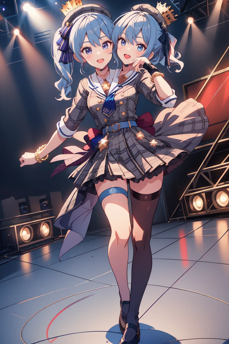 (masterpiece, best quality), best resolution, 16k, (2heads:1.5), full-body, 1girl, solo, HoshimachiSuisei, side ponytail, blue hair ribbon, SuiseiBase, plaid beret, crown, blue star choker, star earrings, blue ascot, plaid jacket, plaid skirt, layered skirt, partially fingerless gloves, star bracelet, uneven legwear, thigh strap, (standing, stand straight), look at viewer, (own hands together, praying hands), ((cheek-to-cheek)), singing, open mouth, stable, concert stage, starfield, spotlight