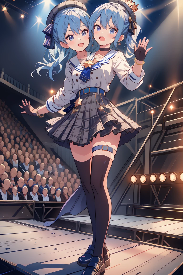 (masterpiece, best quality), best resolution, 16k, (2heads:1.5), full-body, 1girl, solo, HoshimachiSuisei, side ponytail, blue hair ribbon, SuiseiBase, plaid beret, crown, blue star choker, star earrings, blue ascot, plaid jacket, plaid skirt, layered skirt, partially fingerless gloves, star bracelet, uneven legwear, thigh strap, (standing, stand straight), look at viewer, (own hands together, praying hands), ((cheek-to-cheek)), singing, open mouth, stable, concert stage, starfield, spotlight