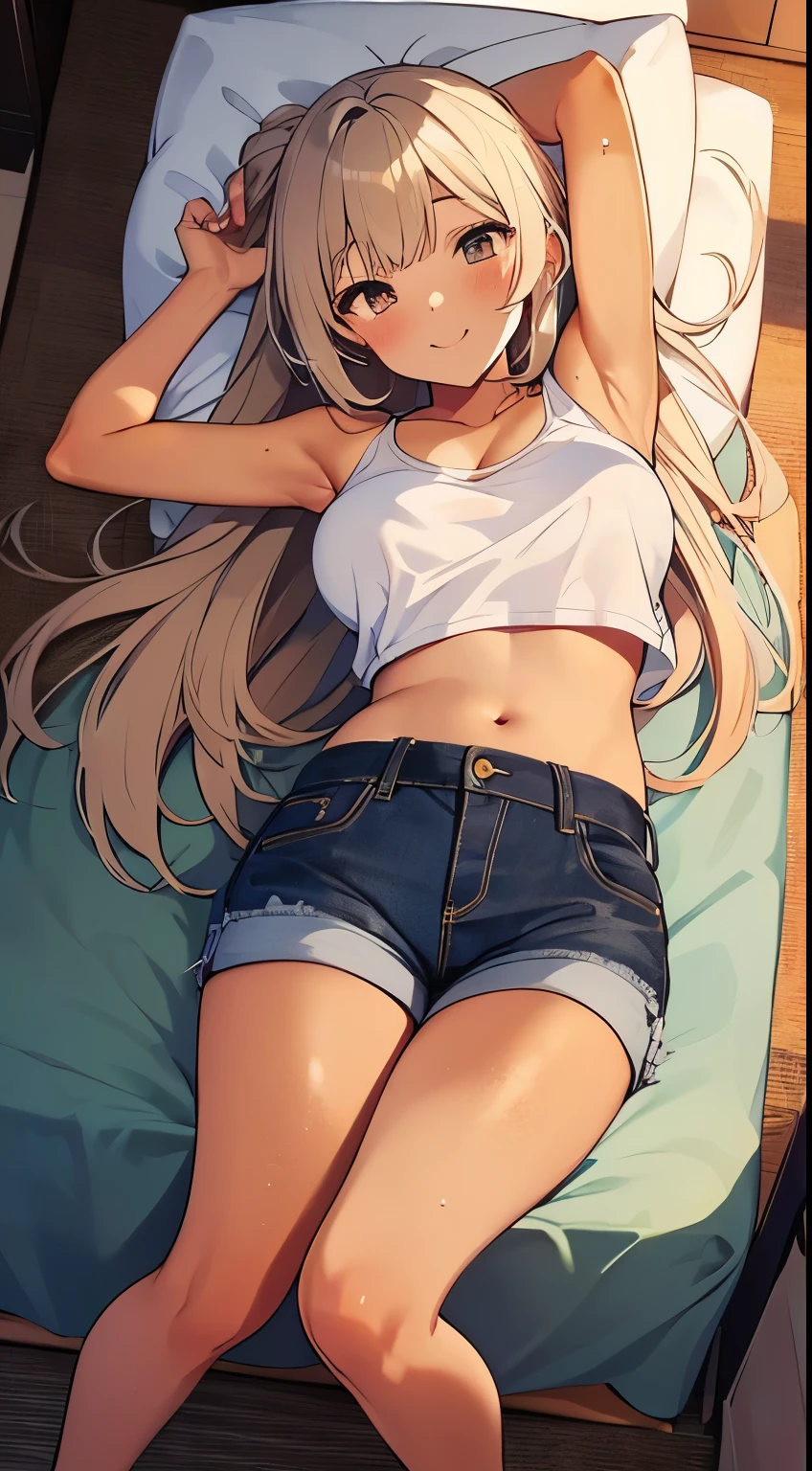 highest quality、Elementary school student bra、Beige shorts、Cute appearance、Stretch your legs in the room、Armpit sweat、Grass、Ecstasy face,(Attractive person)， (girl１name)， (Highly detailed face, smile) ,, (日本のgirl), Slightly round face, (Tan brown face:1.6), cute, Big eyes、2D，highest quality，(masterpiece)，(((whole bodyが映る)))，(((whole body)))，(extra long hair:1.6)，(bangs:1.3),((White hair))，Healthy brown skin，((Short denim hot pants))，Leather Belt，Pink-Tank Top，Shining bare feet，barefoot，Beautiful brown eyes，Attractive thighs，Sloppy body type，Bedroom，get drunk，Upward glance，cheeks are bright red，あざとcute，Sleeping face like an angel，Erotic look，whole bodyに汗の大きな滴，humid，Waistline、My Room、（Sleeping on your stomach:1.1），(Angle shot from directly above:1.2)，Poses that accentuate the buttocks，Angle to emphasize the buttocks，Sole