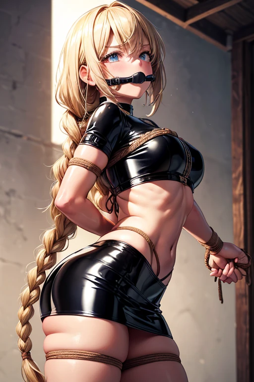 Shiny blond hair, very long hair, sophisticated haircut, ((((hair fully braided)))), ((small twisted braids)), thin and oval face, submissive, ((((tight latex crop top)))), ((((tight latex skirt)))), ((((gagged)))), cute and blushing 18 years old anime girl, look away because she is embarrassed and blushes, bright blue eyes, detailed face, detailed members, detailed arms, detailed hands, Girl lying, tied by ropes, shackled, can no longer move, tied tightly, very hard tied up with lots of ropes, hampered by so many ropes that she can no longer move, bound hands and feet, ropes tie his whole body, tied extremely tightly and forcefully to her bed by a lot of ropes, its limbs are strongly tied together by ropes, his torso is tied up with thick cords, her chest is so tied up with ropes that it sticks out, her legs are tied tightly with thick ropes, his hands are tied behind his back with ropes, she can no longer move her feet, her hands which are tied by thick ropes, she desperately tries to free herself, likes to be tied tight with big ropes, likes to be immobilized by big ropes, lying down, his hands and feet are strongly tied to the railing of his bed, his legs are pressed together and tied with ropes, its limbs are held vigorously by imposing ropes, her hands are tied securely behind her back by ropes, her chest is compressed by strong ropes, she is pressed against her bed and restrained by large ropes, (shibari, arms behind the back:1.4), (hands on the back), (masterpiece, best quality) 1.5, 1girl, solo, (sexy, beautiful woman, perfect face, perfect eyes, perfect hands), samus aran, ((((hands on the back:1.5)))), Spread the legs, s&#39; ((lie in bed by big ropes)), ((close up of the girl)), ((((lie in bed:1.6)))), ((((arms tied behind the back, Legs Tied,La fille est allongée:1.5)))), ((((girl lying down:1.4)))), ((((Outstretched arms:1.5)))), ((((Detailed hands:1.5))))