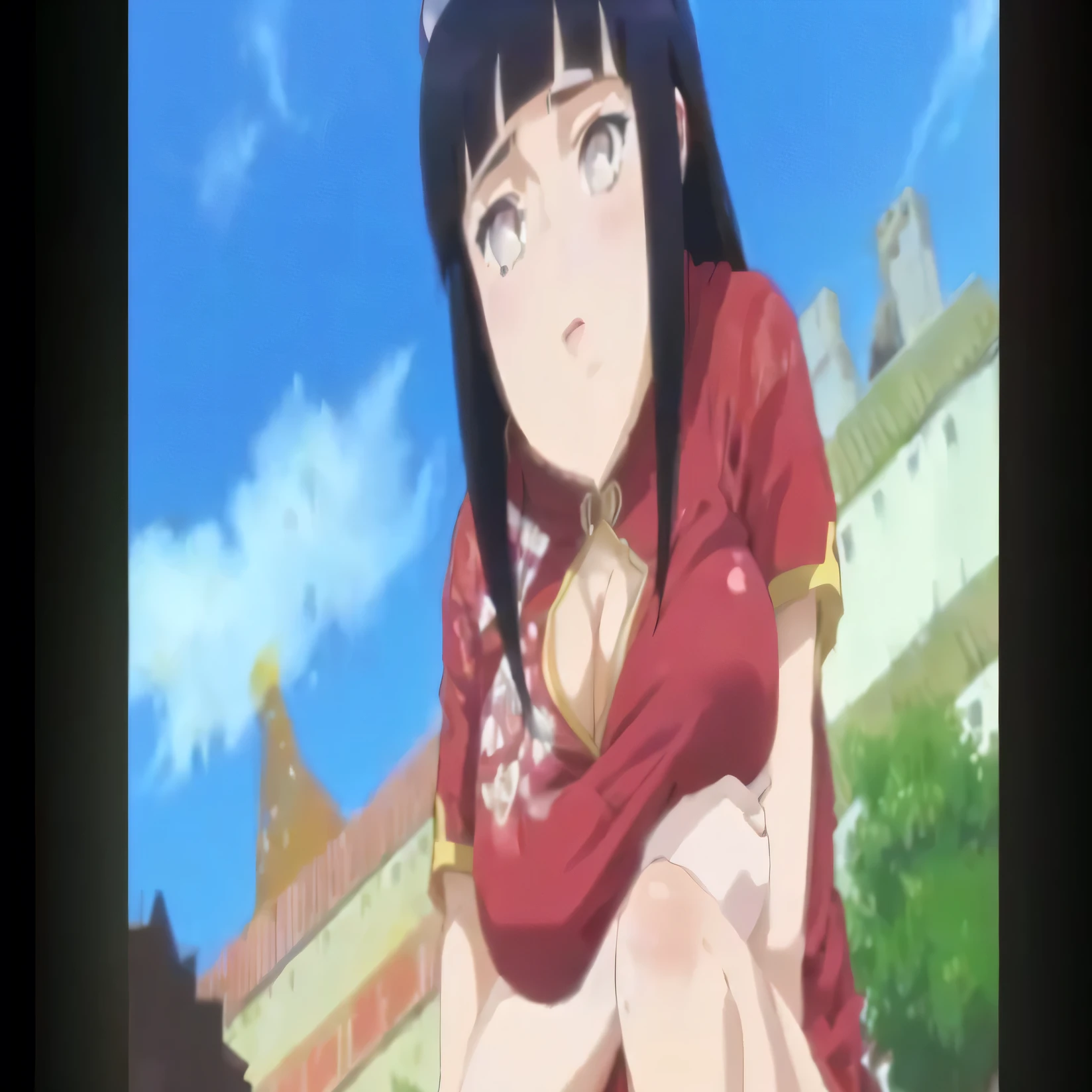 Anime big breasted girl with black hair and a red dress sits on a ledge, Hinata Hyuga, Hinata Hyuga from naruto, Nobody Robin, anime screenshot, screenshot from guro anime, anime girl squats, anime girl named Lucy, screenshot from the 2012 anime, tear away from the master, anime screenshot