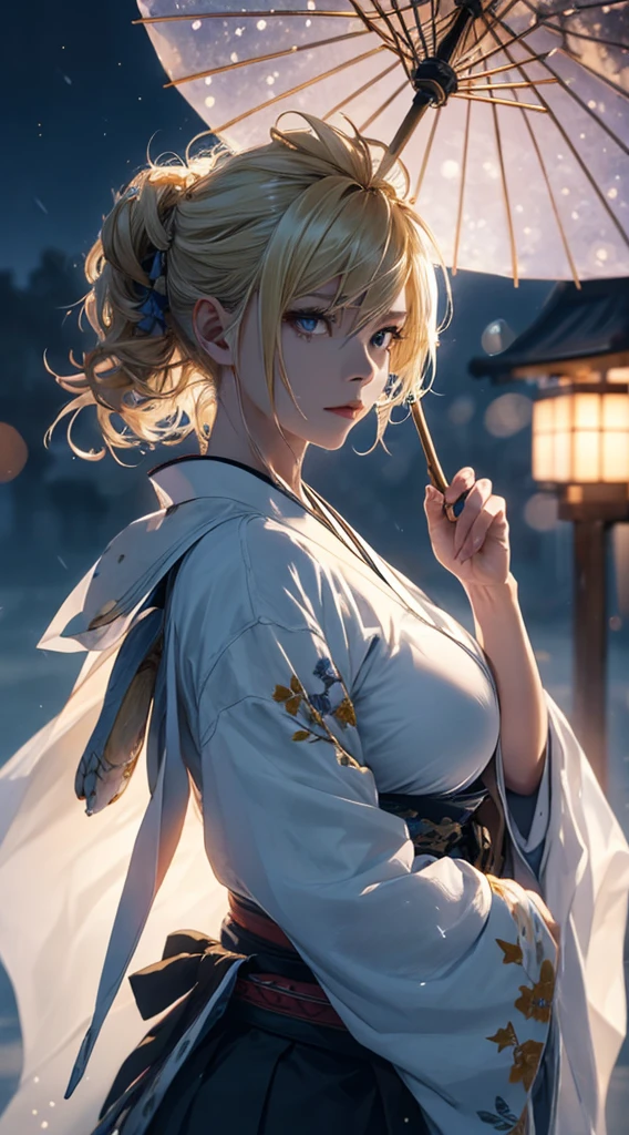 masterpiece, high quality, 4K, Beautiful design, silhouette,Blonde Mohawk,, 非常に詳細な夜のStarry Sky,Flower Field, wonderful, Finer details, Very knowledgeable woman, Highly detailed solo, 1 female,Beautiful eyes,tears,Big Breasts,White kimono,Japanese Umbrella,rain,Night view,Starry Sky,full moon,