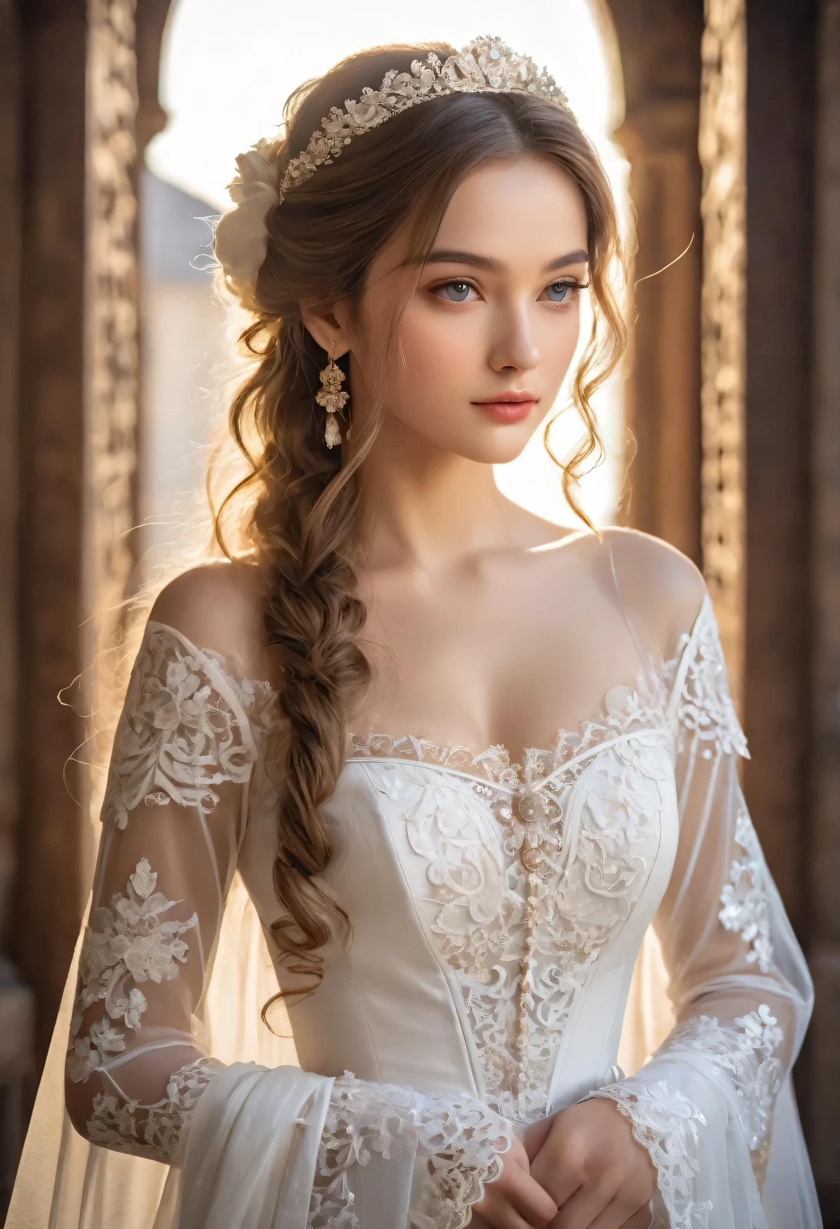 a young woman from the year 1100 wearing white laces (masterpiece, top quality, best quality, official art, beautiful and aesthetic:1.2), 1 girl,