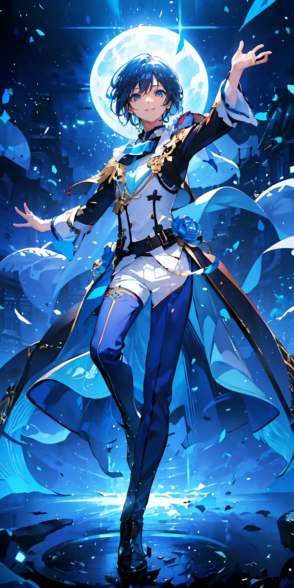 (Mastepiece), (Best Quality), Very detailed, ((1 boy)), Perfect Face, Beautiful Face, Very detailedな顔,((Light blue hair_short hair_Light blue eyes:1.3)),Male solo idol、Gorgeous idol costumes、Costumes with lots of frills、Cape、boots、(pants:1.2)、(Hold the microphone)、stage、Concert Dome、Lots of confetti、(smile:1.4)、(Open your mouth wide)、sing、dance、Wink、Laser light、Spotlight