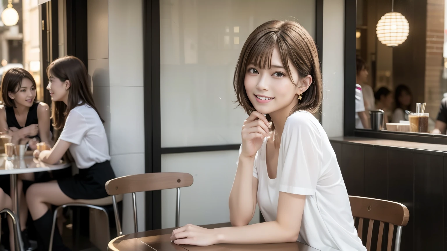 super high quality, Short Hair, Slender, Gravure photoshoot, The staff is working at the counter in the back., (8k、RAW Photos、highest quality、masterpiece:1.2), Japanese Idol, Shaggy, Stylish café, The cafe is crowded with people enjoying themselves., (Realistic、Photorealistic:1.37), Mesh Hair, Urban Cafe, Golden Ratio, Raw photo, Cute face , Light Brown Hair, Earrings, Small breasts, Bright cafe interior, Beauty salon model, Spring Clothes, necklace, Spoiled, Cafe Terrace, Open Cafe, Smile, Hair blowing in the wind, Neat clothes, T-Shirts, 18-year-old, younger sister,