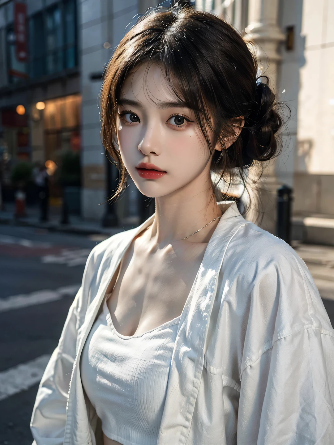 1girl, (looking at viewer:1.2), detail face, (a girl standing, rending on cgsociety, black shadows, streaming, new york backdrop), romanticism, atmospheric, (RAW photo, best quality), (realistic, photo-realistic:1.3), masterpiece, an extremely delicate and beautiful, extremely detailed,Hair in a bun,Wear delicate earrings, D cup,Cleavage,White gauze coat,Translucent white tube top1.5,
