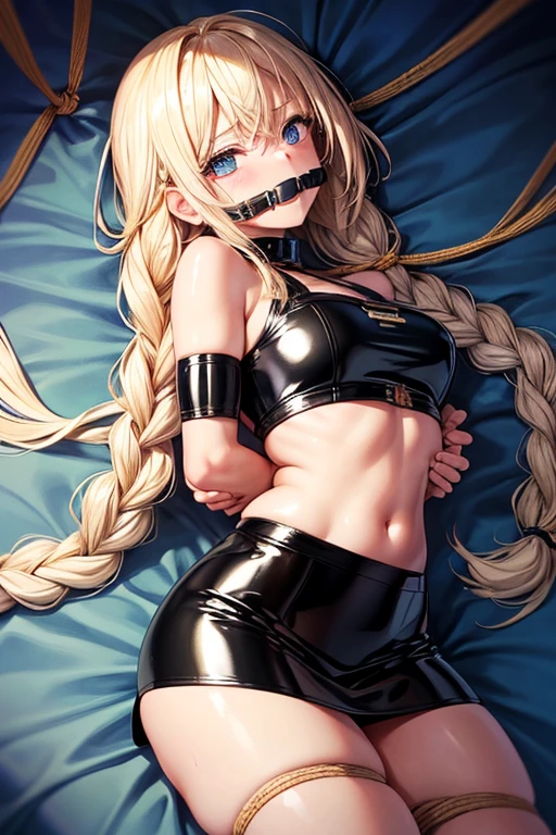 Shiny blond hair, very long hair, sophisticated haircut, ((((hair fully braided)))), ((small twisted braids)), thin and oval face, submissive, ((((tight latex crop top)))), ((((tight latex skirt)))), ((((gagged)))), cute and blushing 18 years old anime girl, look away because she is embarrassed and blushes, bright blue eyes, detailed face, detailed members, detailed arms, detailed hands, Girl lying, tied by ropes, shackled, can no longer move, tied tightly, very hard tied up with lots of ropes, hampered by so many ropes that she can no longer move, bound hands and feet, ropes tie his whole body, tied extremely tightly and forcefully to her bed by a lot of ropes, its limbs are strongly tied together by ropes, his torso is tied up with thick cords, her chest is so tied up with ropes that it sticks out, her legs are tied tightly with thick ropes, his hands are tied behind his back with ropes, she can no longer move her feet, her hands which are tied by thick ropes, she desperately tries to free herself, likes to be tied tight with big ropes, likes to be immobilized by big ropes, lying down, his hands and feet are strongly tied to the railing of his bed, his legs are pressed together and tied with ropes, its limbs are held vigorously by imposing ropes, her hands are tied securely behind her back by ropes, her chest is compressed by strong ropes, she is pressed against her bed and restrained by large ropes, (shibari, arms behind the back:1.4), (hands on the back), (masterpiece, best quality) 1.5, 1girl, solo, (sexy, beautiful woman, perfect face, perfect eyes, perfect hands), samus aran, ((((hands on the back:1.5)))), Spread the legs, s&#39; ((lie in bed by big ropes)), ((close up of the girl)), ((((lie in bed:1.6)))), ((((arms tied behind the back, Legs Tied,La fille est allongée:1.5)))), ((((girl lying down:1.5)))), ((((Outstretched arms:1.5)))), ((((Detailed hands:1.5))))