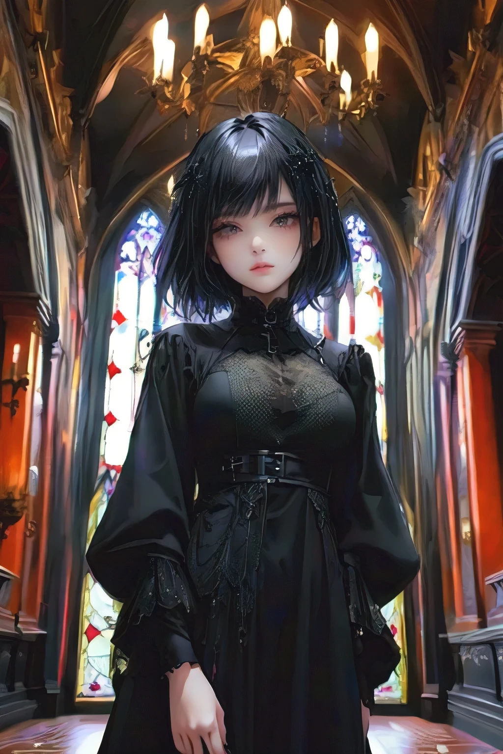 Gothic woman in black dress standing in a church with stained glass windows, wearing modern Gothic Clothing, 1 7 - year - old anime Goth Girl, Gothic aesthetics, Gothic art style, Gothic Maiden Anime Girl, Gothic and the future, neo gothic, Gothic Clothing, Gothic Costume, Gothic Girl, Goth Girl, japanese gothic, Ornamental Gothic - Cyberpunk, neo gothic