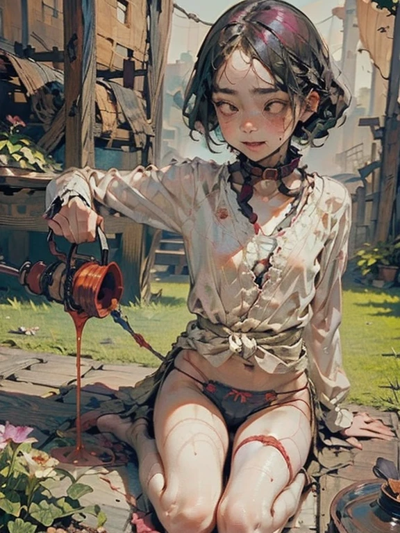 Watering the flower,Pee,Sweaty skin,Love Vibrator, Wet crotch vibration,Juice drips from the rope, Wide-open legs, collar,Tie your ankles with rope,garden