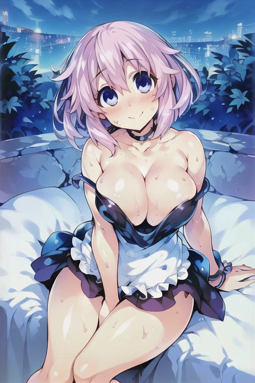 (((masterpiece))), ((highest quality)), ((Very detailed)), ((High resolution)), ((8k)), ((Anatomically correct)), One Woman, Big Breasts, Short Hair, (he is short), Very cute woman, delicate, Charming smile, Light pink hair, Lilac eyes, Bright Eyes, Big Eyes, Best moment, Vivid eyes, Beautiful Skin, Cute face, delicateな腕, Detailed skin texture, Intricate details, Very detailedな顔, Beautiful Eyes, Beautiful curves, View your viewers, Beautiful thighs, Sweating, Hotel at night, Looking up, blush, Date with a lover, A big smile, Sit on the bed, Naked Apron, 