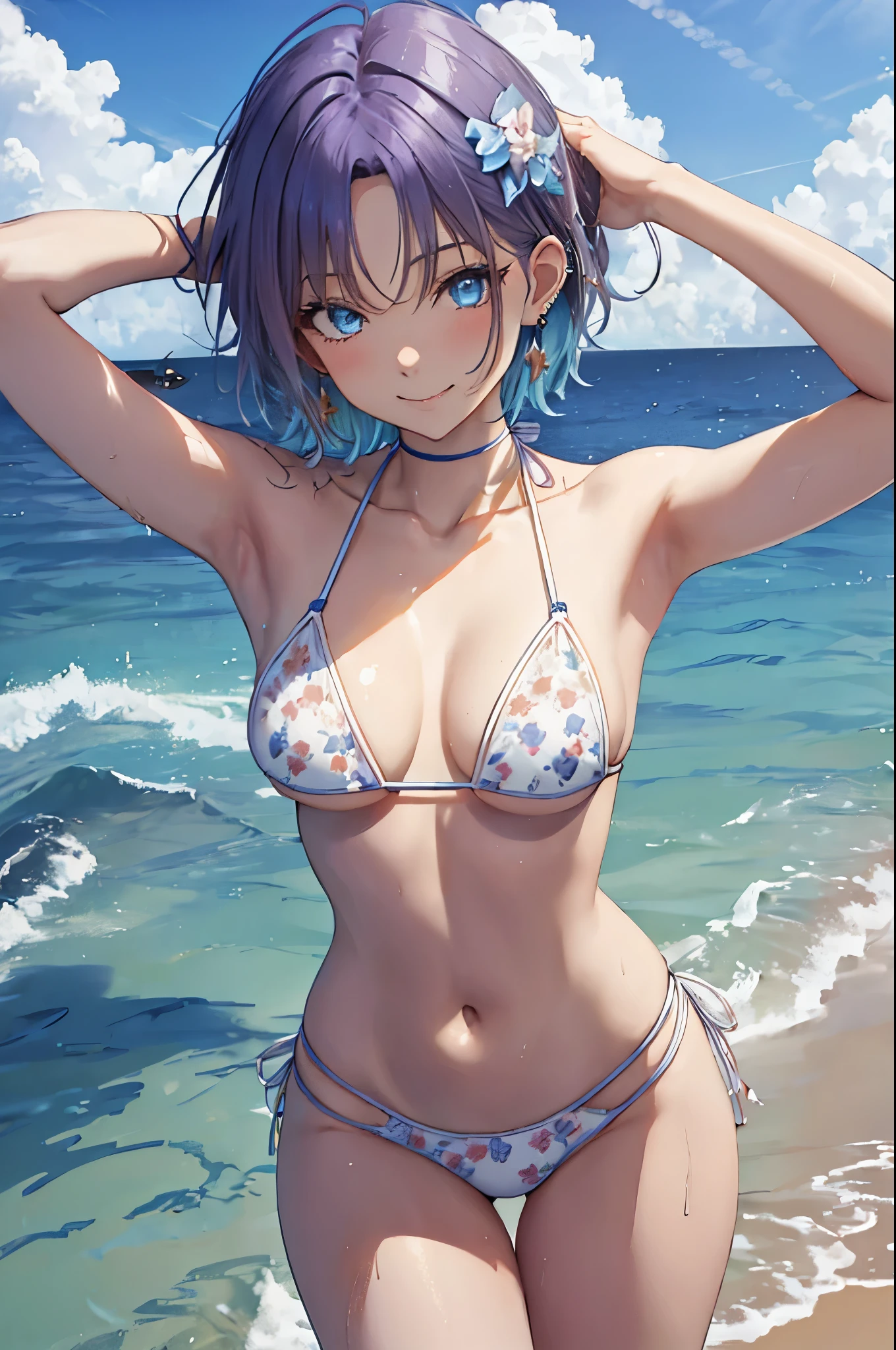 BREAK solo, (1girl), (Perfect hands:1.2), (Perfect Anatomy:1.2), (best quality:1.3), (masterpiece:1.3), (ultra detailed:0.8), high resolution, HDR, CG unity 8k, nice hands, POV, top quality, BREAK {asakura_tooru_theidolmstershinycolors:1.15}, BREAK (smile:1.1), happy, Face to feel, BREAK ocean, cloud, blue sky, day, outdoor, sky, beach, BREAK Sun light, BREAK animation, illustration, (wet:0.9), BREAK detailed face, beautiful face, beautiful girl, cute, charming, beautiful detailed face, BREAK blue eyes, detailed eyes, sparkling pupils, Captivating Eye Reflections, Sparkling Highlights in the Eyes, Depth and Dimension in the Pupils, Subtle Color Variations in the Iris, Meticulous Eyelash Details, Depth and Dimension in the Pupils, BREAK (Parted Bangs: 1.4), pixie cut, shiny hair, floating hair, (short hair:1.3), (blue hairs, gradation hair, multi color hair, Purple hair), Ahoge, BREAK cleavage, medium breasts, Beautiful breasts, BREAK small head, seven heads, sexy body, Bewitching, slender body type, Miwaki. beauty legs. Glamorous, (musculature:1.4), perfectly proportions, pink lips, beautiful hair, beautiful face, beautiful fine eyes, beautiful collarbone, beautiful body, (beautiful fingers:1.3),, perfect face, cute and symmetrical face, baby face, detailed skin, shiny skin, nail polish, BREAK jewelry, necklaces, piercing, bracelets, (Floral pattern White bikini: 1.3), BREAK arched back, (Tippy Toe:1.5), head tilt, BREAK (cowboy shot:1.6), (fromt view:1.3), dutch angle, looking at viewer, BREAK ocean, cloud, blue sky, day, outdoor, sky, beach, barefoot,